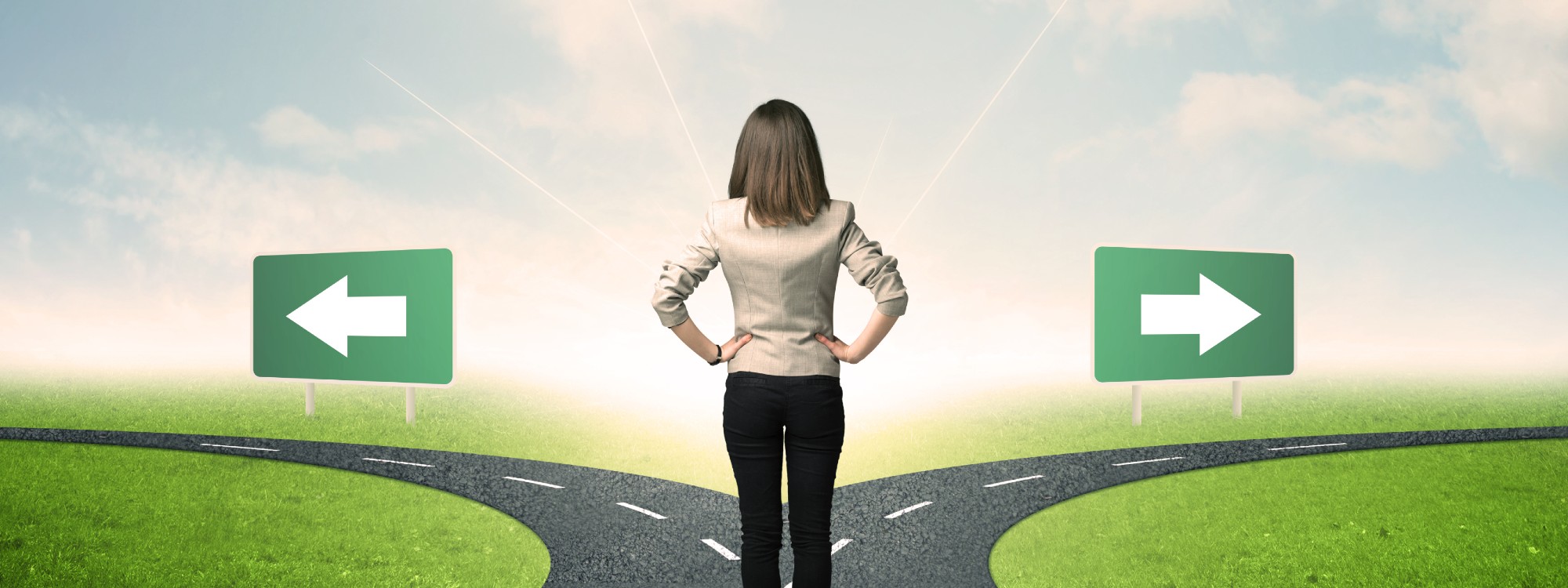 Woman choosing path on a road